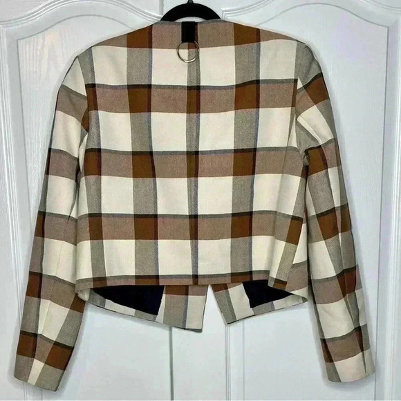 Tibi Dylan Plaid Cream Cropped Jacket Blazer in Ivory Camel Size 12 - Picture 15 of 16